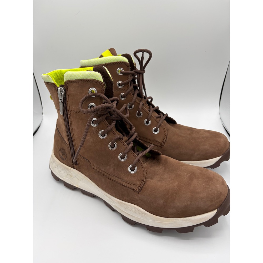 Timberland Brooklyn Side Zip Brown Nubuck Neon Yellow Aerocore Boots Mens 12
